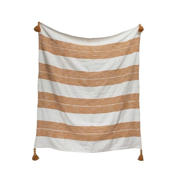 Foreside Home & Garden Orange Striped Woven 50 x 60 Cotton Throw Blanket with Ha
